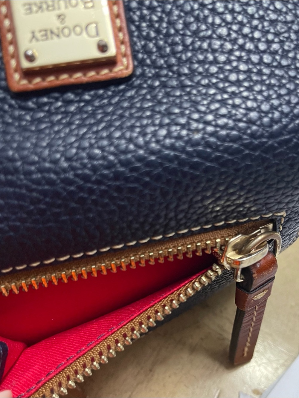 Dooney & Bourke Navy Pebbled Leather Wallet with Tan Trim and Red Interior. - Picture 8 of 10